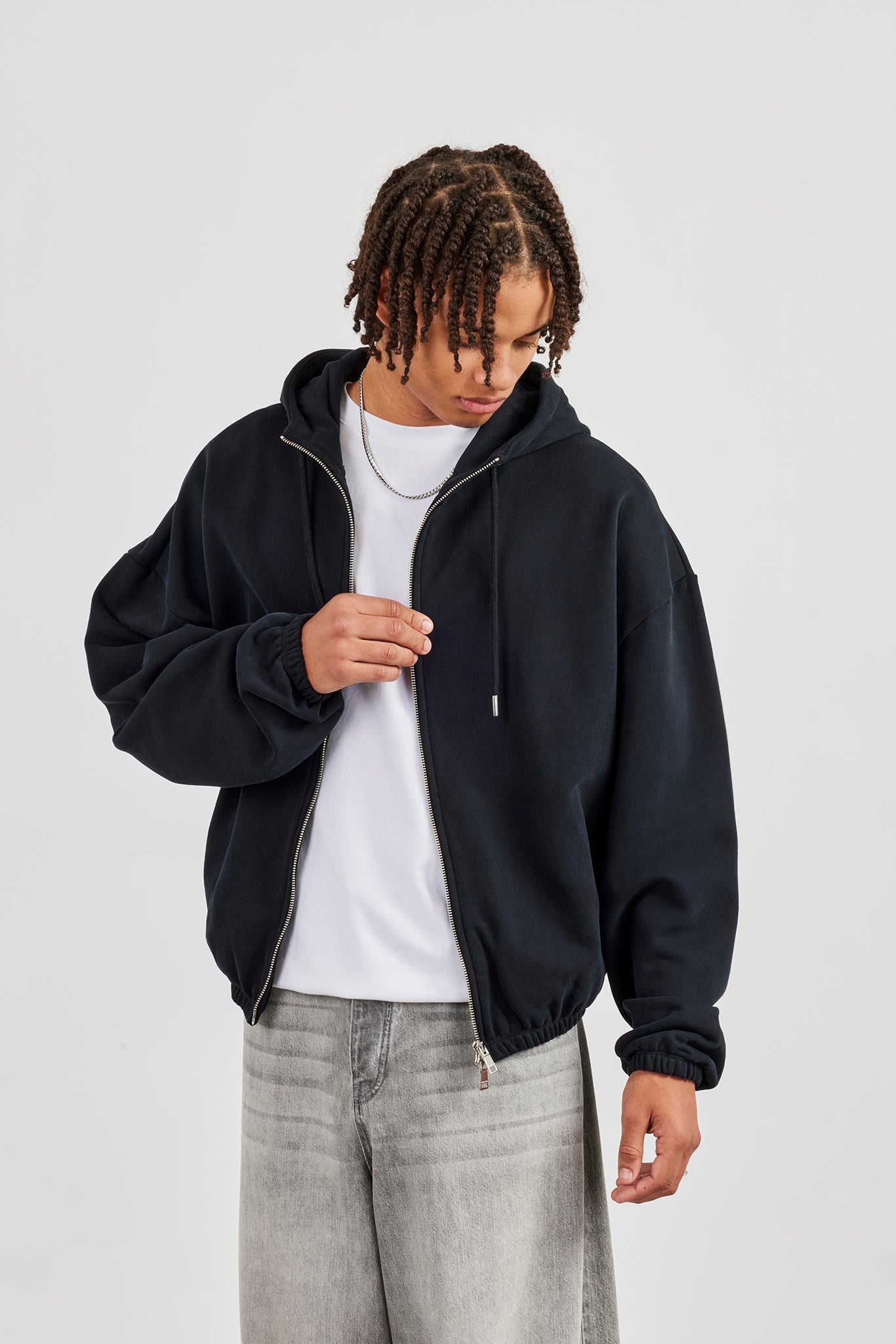 Oversized Zip Front Towelling Applique Hoodie - Black